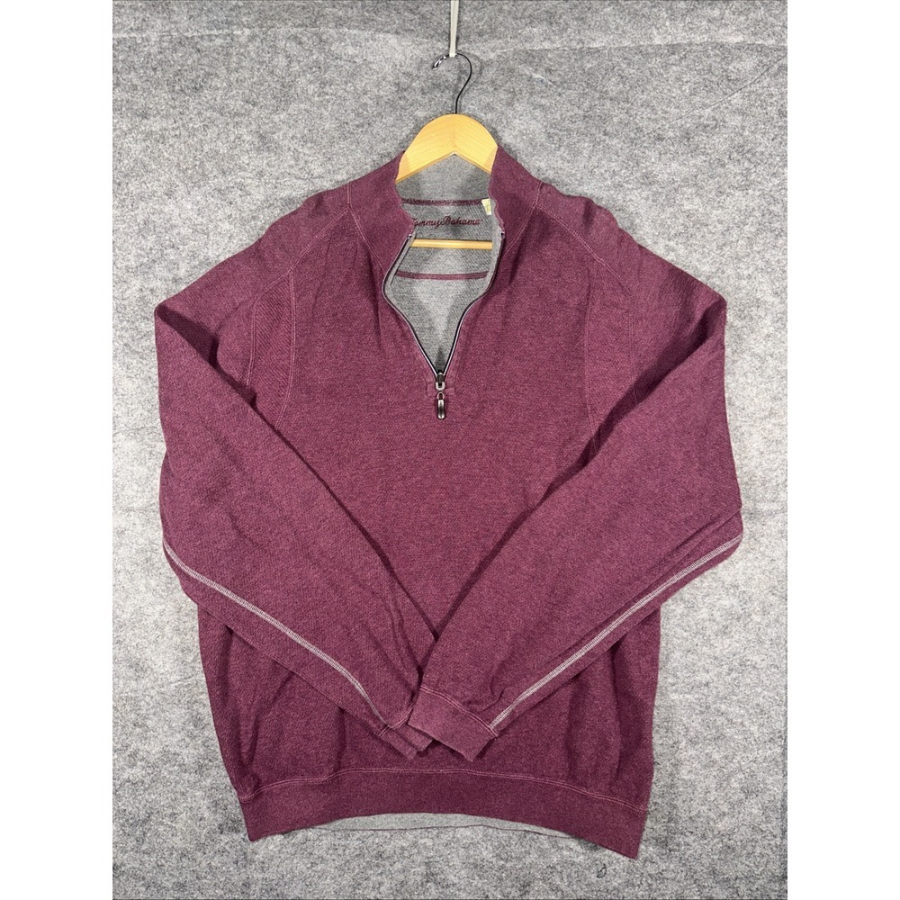 Tommy Bahama 1/4 Zip Reversible Sweater Mens XL‎ Burgandy Gray Cotton Pullover